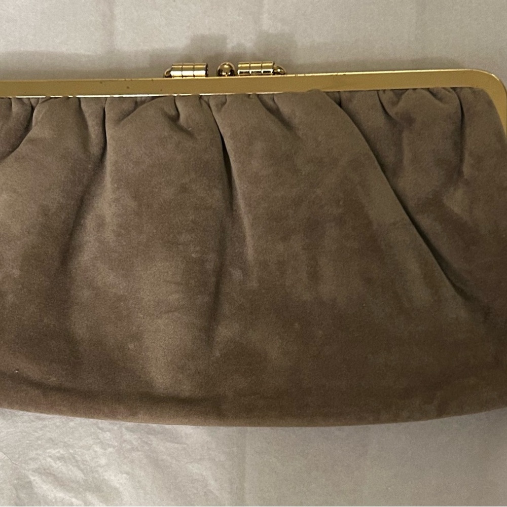 Vintage Velveteen Clutch Purse in light brown with gold-tone hardware - Picture 1 of 10